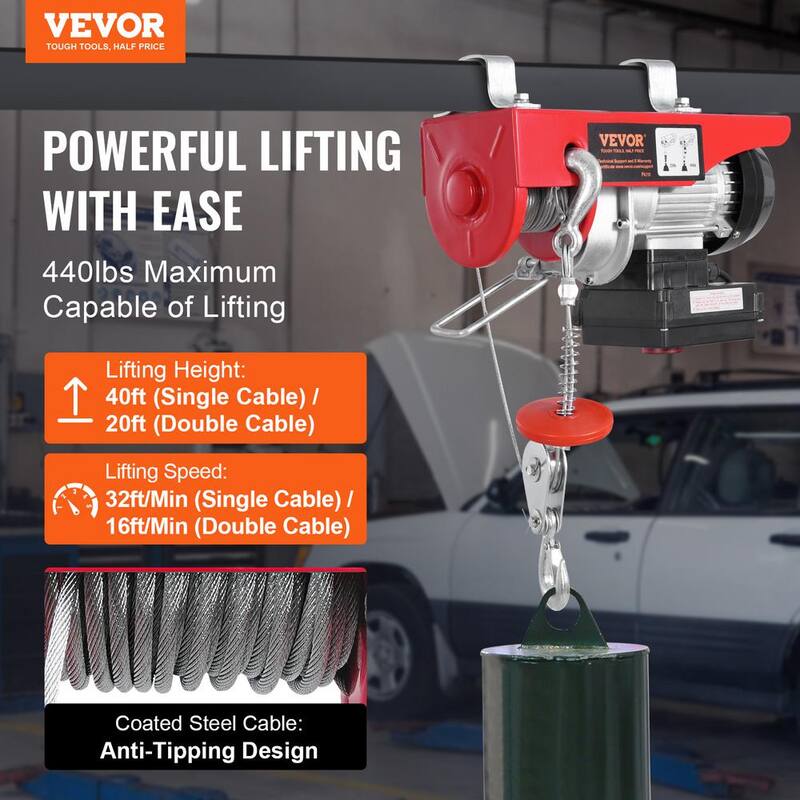 VEVOR Electric Hoist, 440 lbs. 120V Electric Winch with 328 ft. Wireless & 14 ft. Wired Remote Control, 40 ft. Lifting Height - DDGSSHLYXWXSZ60OHV1