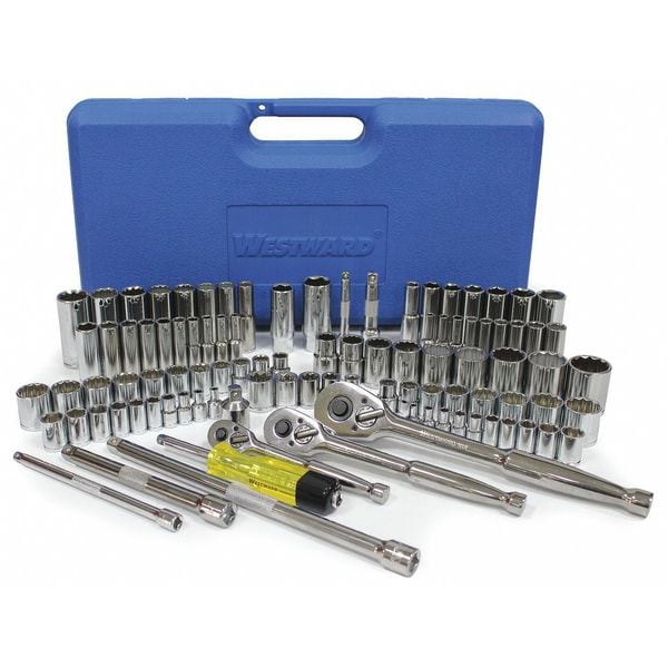 Westward 1/4 in, 3/8 in, 1/2 in Drive Socket Wrench Set Metric, SAE 99 Pieces 4 mm to 19 mm, 5/32 in to 1 in - 33HD77