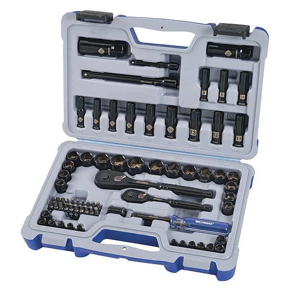 Westward 1/4", 3/8" Drive Socket Set SAE, Metric 70 Pieces 1/4 in to 3/4 in, 4 mm to 19 mm , Chrome - 55MT04