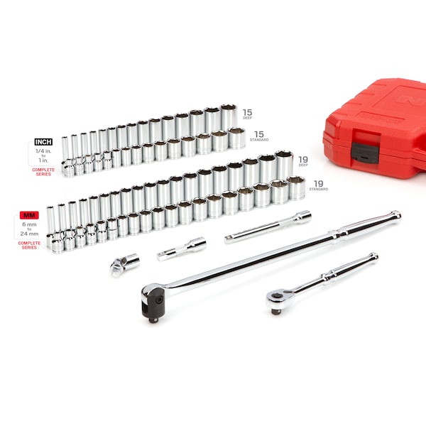 Tekton 3/8 Inch Drive 6-Point Socket and Ratchet Set, 73-Piece (1/4-1 in., 6-24 mm) - SKT15311