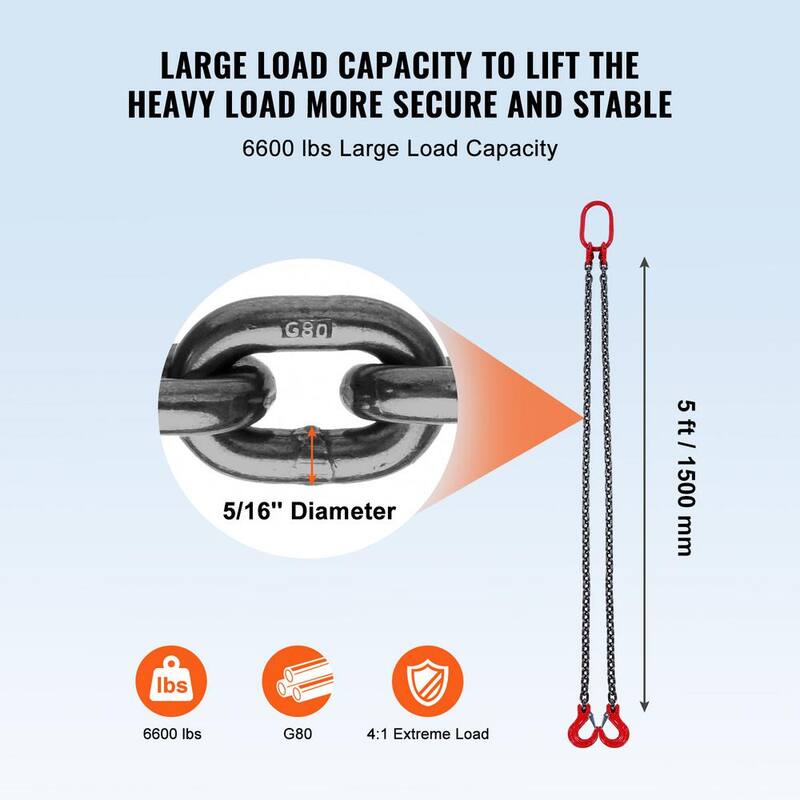 VEVOR Chain Sling,5/16 in.x5 ft. Lifting Chains with Hooks,G80Engine Chain Hoist Lifts,6600 lbs. Capacity Lifting Sling Chains - DGDLHHMGFH1JITULLV0