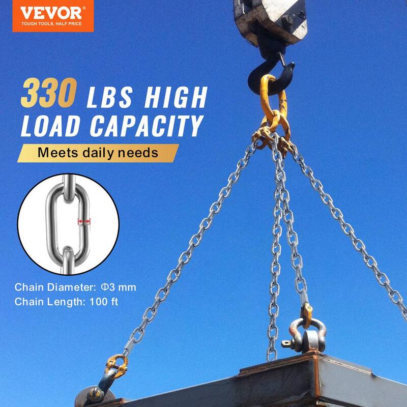 VEVOR Proof Coil Chain, 1/8 in. x 100 ft., 330 lbs. Safe Working Load, Zinc Plated Proof Tested Coil Chain, Carbon Steel Chain - WGAQLTG100FTIL54QV0