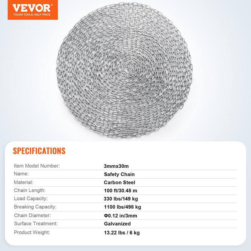 VEVOR Proof Coil Chain, 1/8 in. x 100 ft., 330 lbs. Safe Working Load, Zinc Plated Proof Tested Coil Chain, Carbon Steel Chain - WGAQLTG100FTIL54QV0