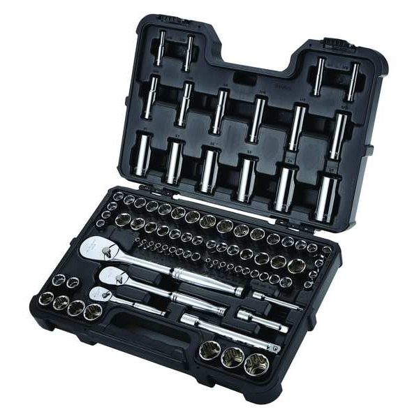 Westward 1/4", 3/8", 1/2" Drive Socket Set SAE, Metric 86 Pieces 4 mm to 25 mm, 5/32 in to 1 in , Chrome - 53PN73
