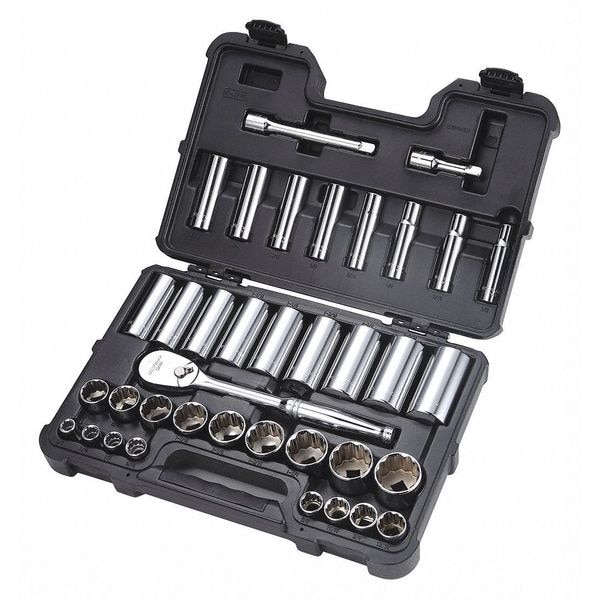 Westward 1/2" Drive Socket Set SAE 37 Pieces 3/8 in to 1 3/8 in , Chrome - 53PN53