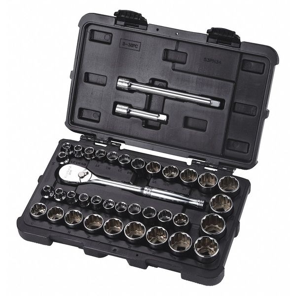 Westward 3/8" Drive Socket Set SAE, Metric 38 Pieces 1/4 in to 1 in, 6 mm to 25 mm , Chrome - 53PN34