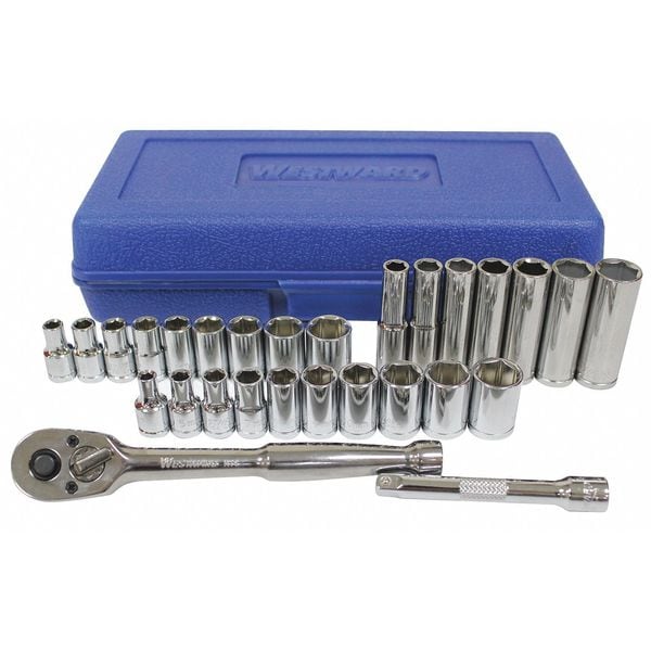 Westward 1/4" Drive Socket Wrench Set SAE, Metric 28 Pieces 3/16 in to 1/2 in, 4 mm to 13 mm , Chrome - 33HD81