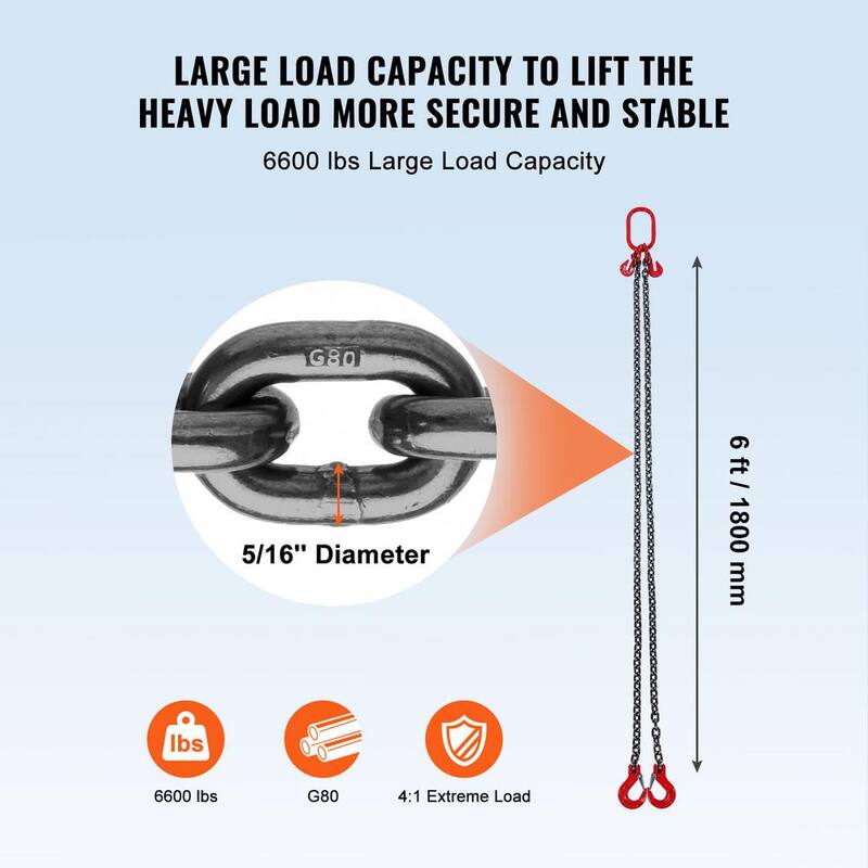 VEVOR Chain Sling, 5/16 in. x 6 ft. Lifting Chains with Hooks, G80 Engine Chain Hoist Lifts, 6600 lbs. Lifting Sling Chains - DGDLHHMGFH1J576AYV0