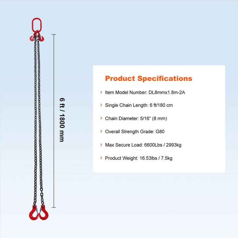 VEVOR Chain Sling, 5/16 in. x 6 ft. Lifting Chains with Hooks, G80 Engine Chain Hoist Lifts, 6600 lbs. Lifting Sling Chains - DGDLHHMGFH1J576AYV0