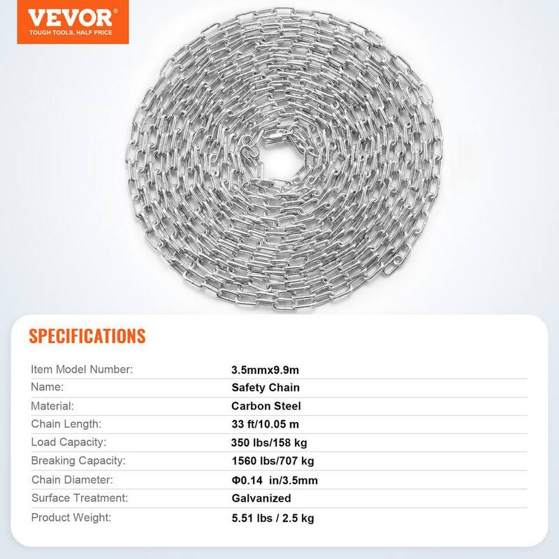 VEVOR Proof Coil Chain, 1/8 in. x 33 ft., 350 lbs. Safe Working Load, Zinc Plated Proof Tested Coil Chain with Two Quick Links - WGAQLTG33FT1VXMLCV0