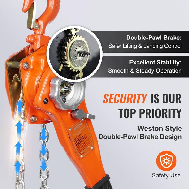 VEVOR Hand-Operated Chain Lift, 1650 lbs. Load, 5ft. Length, G80 Zinc-Coated Steel, Dual-Pawl Brake System - CGSBHLH34T5FT94JLV0-730