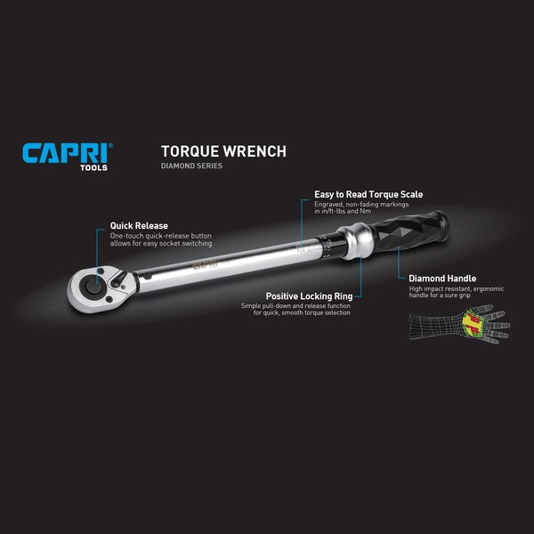 Capri Tools 1/2 in Drive Diamond Ergonomic Grip Torque Wrench, 50-250 ft.-lb. - CP31103