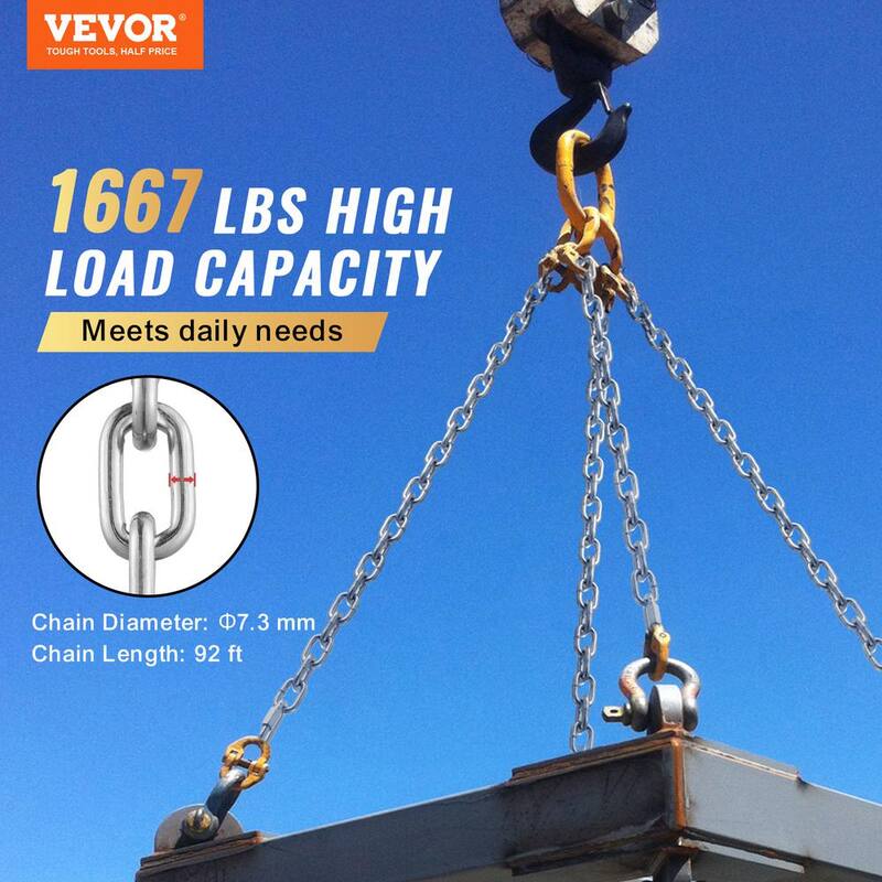 VEVOR Proof Coil Chain, 5/16 in. x 92 ft., 1667 lbs. Safe Working Load, Zinc Plated Proof Tested Coil Chain with Quick Links - WGAQLTG92FT5KM010V0