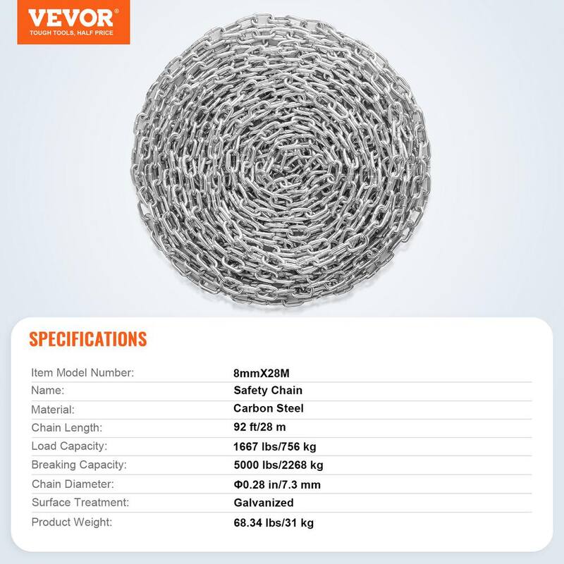 VEVOR Proof Coil Chain, 5/16 in. x 92 ft., 1667 lbs. Safe Working Load, Zinc Plated Proof Tested Coil Chain with Quick Links - WGAQLTG92FT5KM010V0