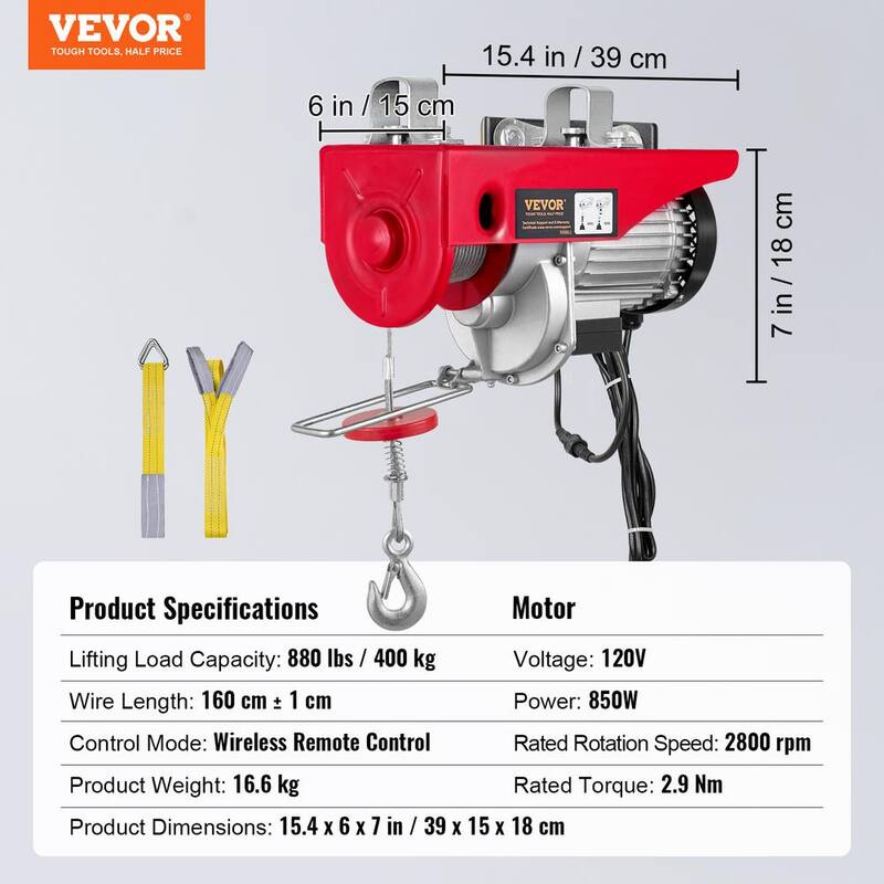 VEVOR 880 lbs. Electric Chain Hoist 850W 110V Electric Steel Wire Winch with Wireless Remote Control for Garage, Factory - DDG880LBS52FTW0V1V1