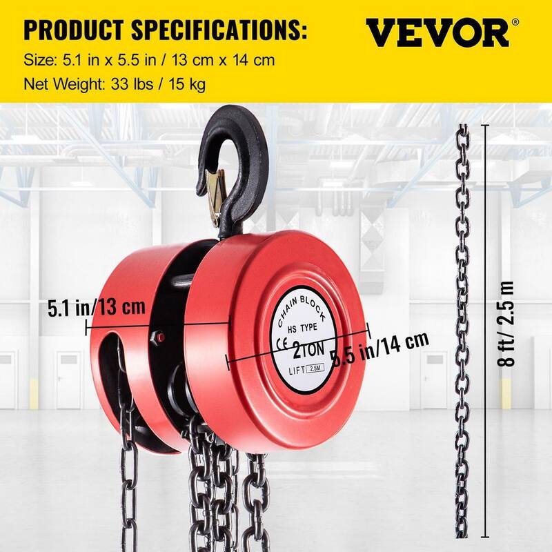 VEVOR 2-Ton Hand Chain Hoist 8 ft. Lift Manual Hoist with Hardened Steel for Lifting Goods in Transport and Workshop, Red - SLHLHSY2T2.5MYRA2V0