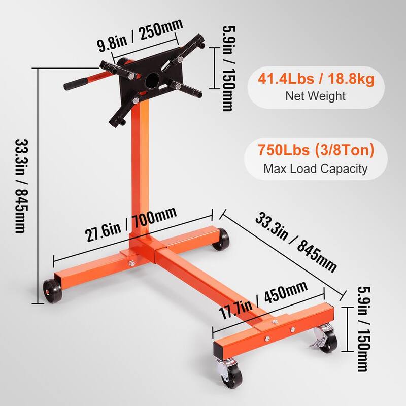 VEVOR Rotating Engine Stand 750 lbs. Load Cast Iron Motor Hoist Dolly with 360° Adjustable Head 4-Caster 4 Arms for Vehicle - YDXZSF750LBS4870PV0