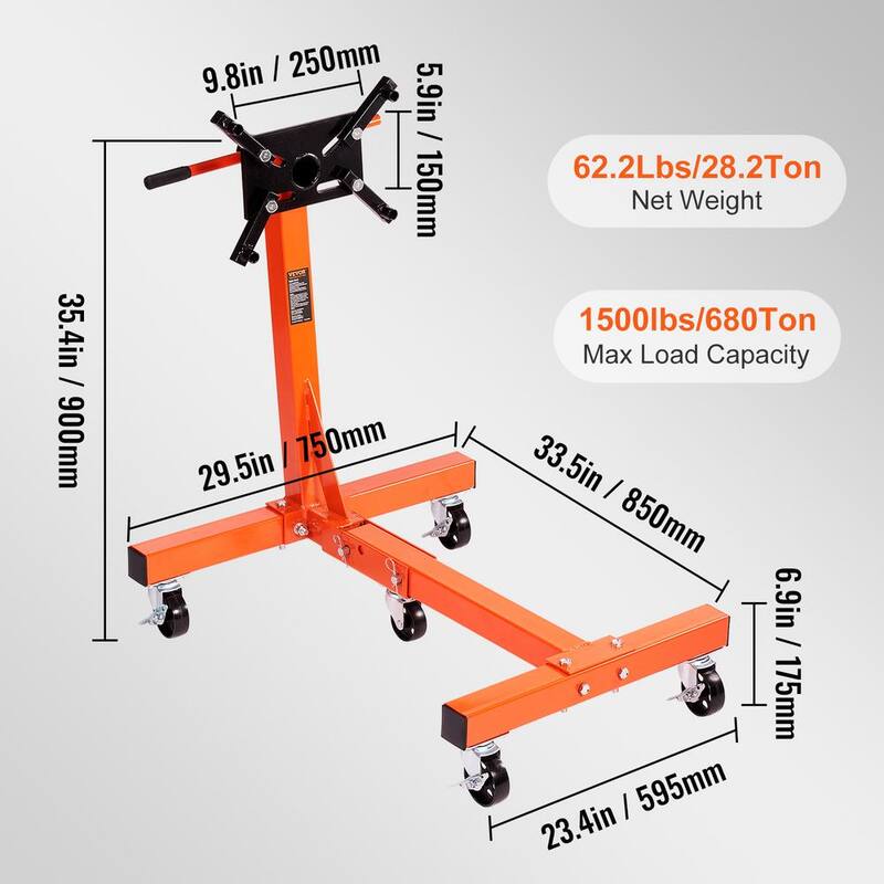 VEVOR Rotating Engine Stand 1500 lbs. with 360° Adjustable Head Cast Iron Folding Motor Hoist Dolly 5-Caster 4 Arms - YDXZS1500LBS5QG38V0