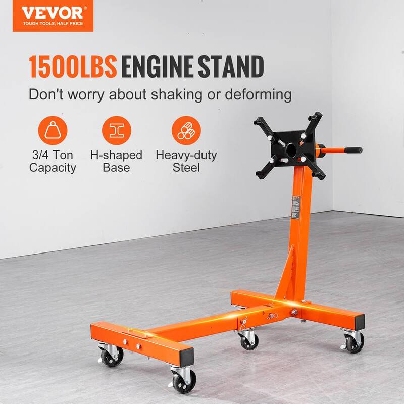 VEVOR Rotating Engine Stand 1500 lbs. with 360° Adjustable Head Cast Iron Folding Motor Hoist Dolly 5-Caster 4 Arms - YDXZS1500LBS5QG38V0