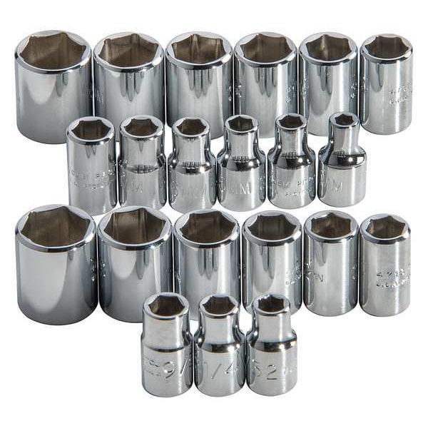 Proto 1/4" Drive Socket Set SAE, Metric 22 Pieces 3/16 in to 9/16, 4 mm to 14 mm , Full Polish - J52219