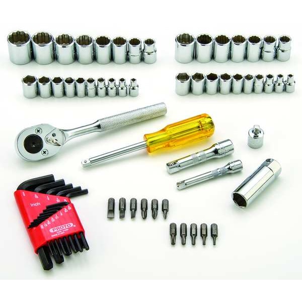 Proto 1/4", 3/8" Drive Socket Set Metric, SAE 65 Pieces 4 mm to 17 mm, 5/32 in to 13/16 in , Full Polish - J47065