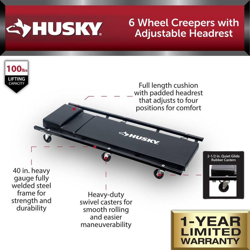 Husky 6 Wheel Automotive Creepers with Adjustable Headrest and 300 lbs. Weight Capacity - HD00109