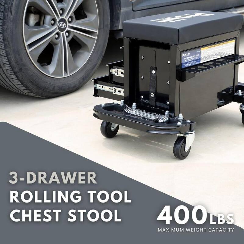 Pro-Lift Mechanic Roller Seat with Tool Box - 3-Drawer Rolling Tool Chest Stool with Padded Seat Cushion - 400 Lbs Capacity - C-3300
