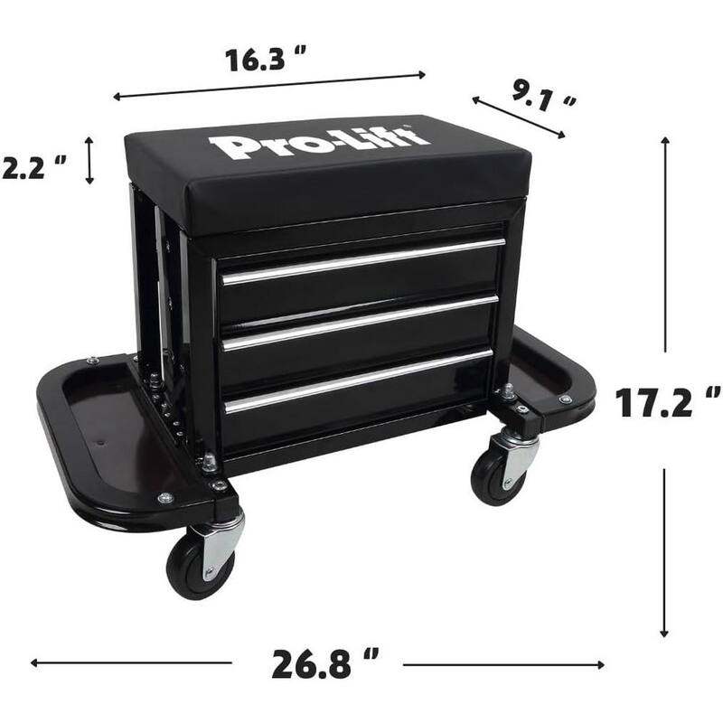 Pro-Lift Mechanic Roller Seat with Tool Box - 3-Drawer Rolling Tool Chest Stool with Padded Seat Cushion - 400 Lbs Capacity - C-3300