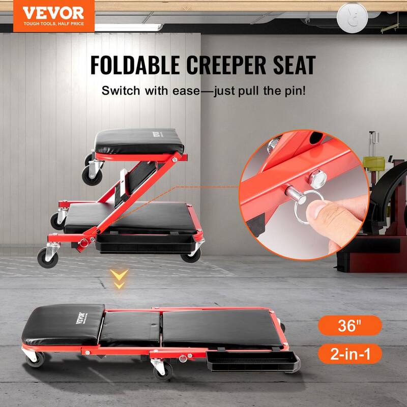VEVOR Foldable Z Garage Creeper, 36 in., 300 lbs Load Capacity Rolling Folding Mechanic Creeper Stool, with 6 Wheels Tool Tray - KZDXCTBYXJ36A0O8IV0