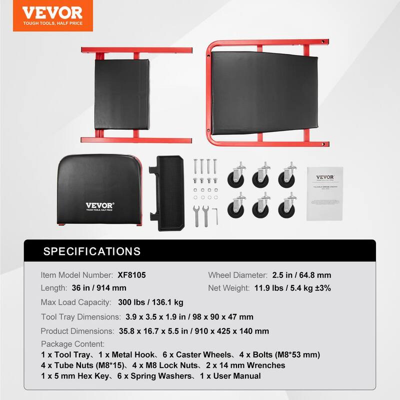 VEVOR Foldable Z Garage Creeper, 36 in., 300 lbs Load Capacity Rolling Folding Mechanic Creeper Stool, with 6 Wheels Tool Tray - KZDXCTBYXJ36A0O8IV0