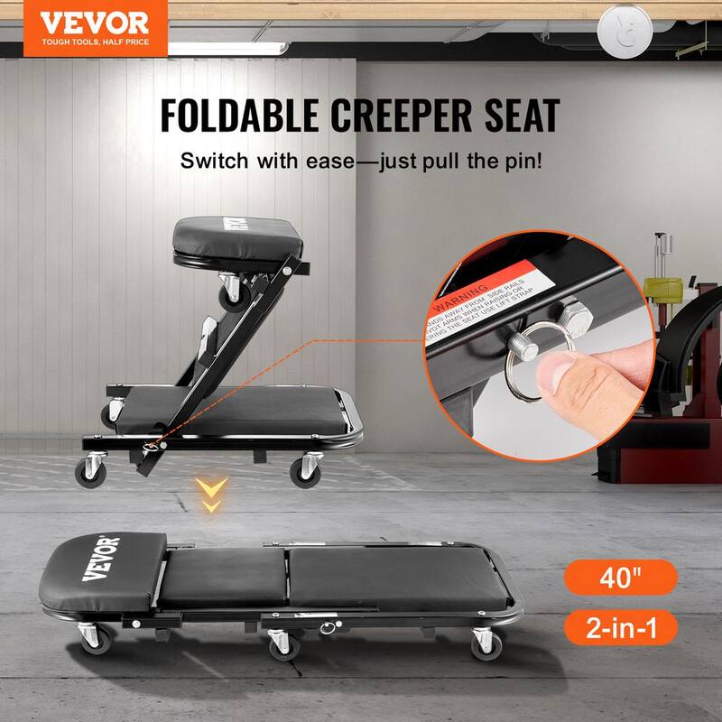 VEVOR Foldable Z Garage Creeper,40 in.,450 lbs. Load Capacity Rolling Folding Mechanic Creeper Stool with 6 Universal Wheels - KZDXCTBYXJ40CJ62RV0