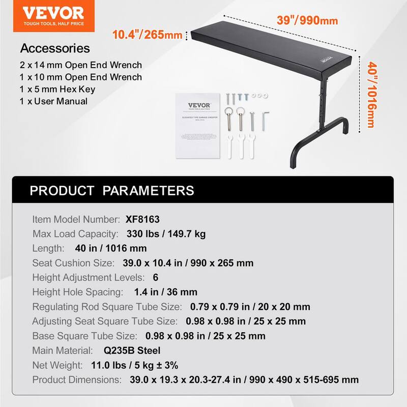 VEVOR Under Dash Creeper,40 in.,330 lbs. Load Capacity Rolling Mechanic Garage Creeper, 20.3-27.4 in. Height Adjustable - JGSXCTBYXJ401EVNVV0