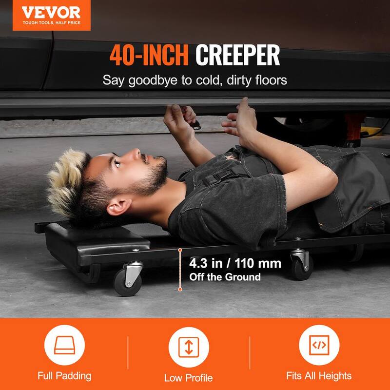VEVOR Mechanic Garage Creeper,40-In.,300 lbs. Capacity Automotive Rolling Creeper with 6 Casters Adjustable Cushioned Headrest - BKZDXCTBYXJ4ZXI52V0