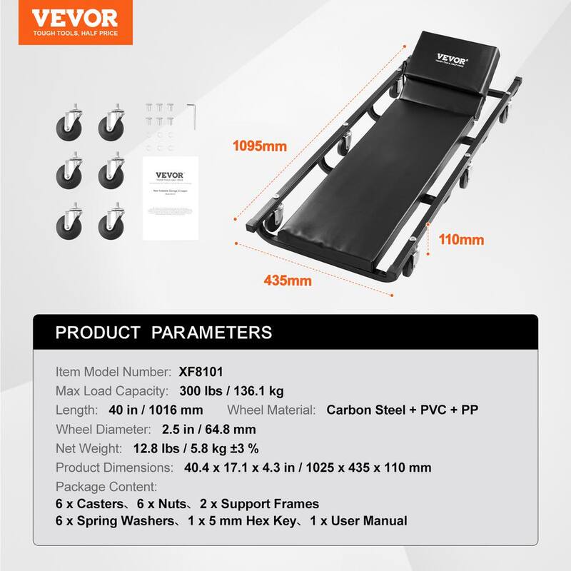 VEVOR Mechanic Garage Creeper,40-In.,300 lbs. Capacity Automotive Rolling Creeper with 6 Casters Adjustable Cushioned Headrest - BKZDXCTBYXJ4ZXI52V0