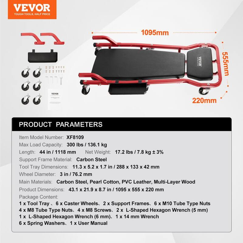 VEVOR Mechanic Garage Creeper,44-In.,300 lbs. Capacity Automotive Rolling Creeper with 6 Casters Cushioned Headrest Tool Tray - BKZDXCTB44YCBV8A0V0