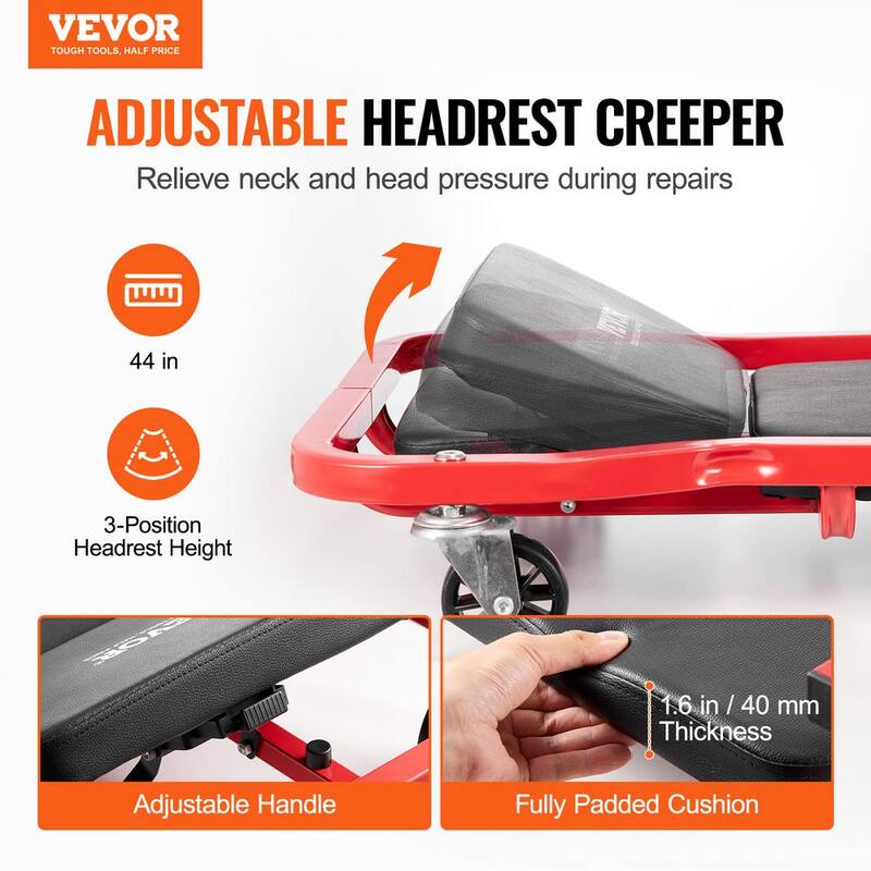VEVOR Mechanic Garage Creeper,44-In.,300 lbs. Capacity Automotive Rolling Creeper with 6 Casters Cushioned Headrest Tool Tray - BKZDXCTB44YCBV8A0V0
