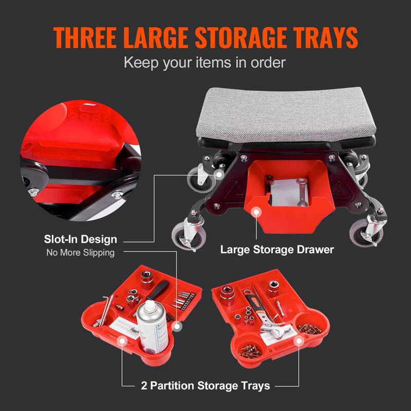 VEVOR Mechanics Stool 300 lbs. Capacity Rolling Creeper Seat with 4 in. Wheels with 3 Slide Out Tool Trays and Drawer Roller - DSNHXCD300BYRE1RIV0