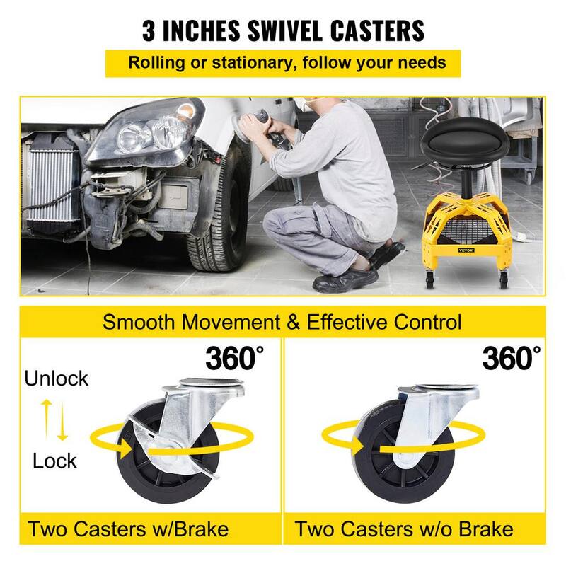 VEVOR Rolling Garage Shop Stool 300 Lbs. Load Mechanic Seat 24 in. to 28.7 in. with 360° Wheel Tool Tray for Workshop, Yellow - HSGLJGCKXCDBDZBARV0