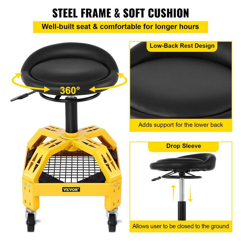 VEVOR Rolling Garage Shop Stool 300 Lbs. Load Mechanic Seat 24 in. to 28.7 in. with 360° Wheel Tool Tray for Workshop, Yellow - HSGLJGCKXCDBDZBARV0