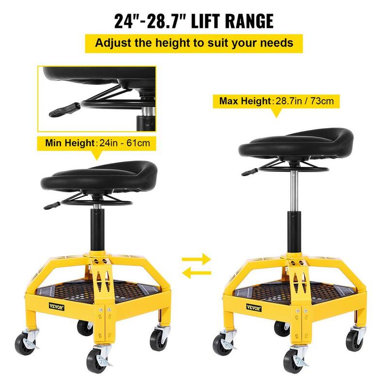 VEVOR Rolling Garage Shop Stool 300 Lbs. Load Mechanic Seat 24 in. to 28.7 in. with 360° Wheel Tool Tray for Workshop, Yellow - HSGLJGCKXCDBDZBARV0