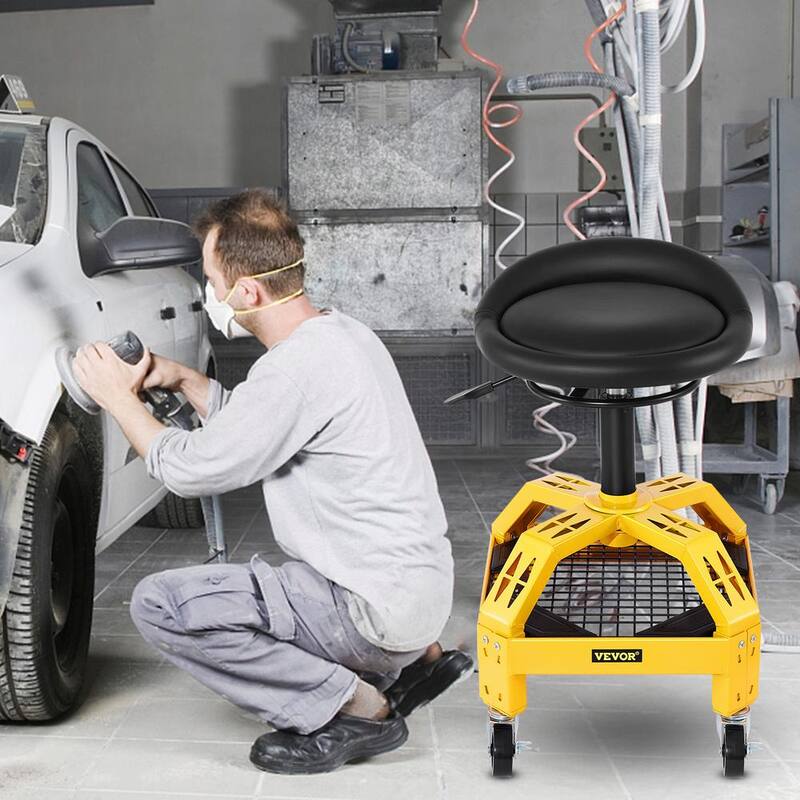 VEVOR Rolling Garage Shop Stool 300 Lbs. Load Mechanic Seat 24 in. to 28.7 in. with 360° Wheel Tool Tray for Workshop, Yellow - HSGLJGCKXCDBDZBARV0