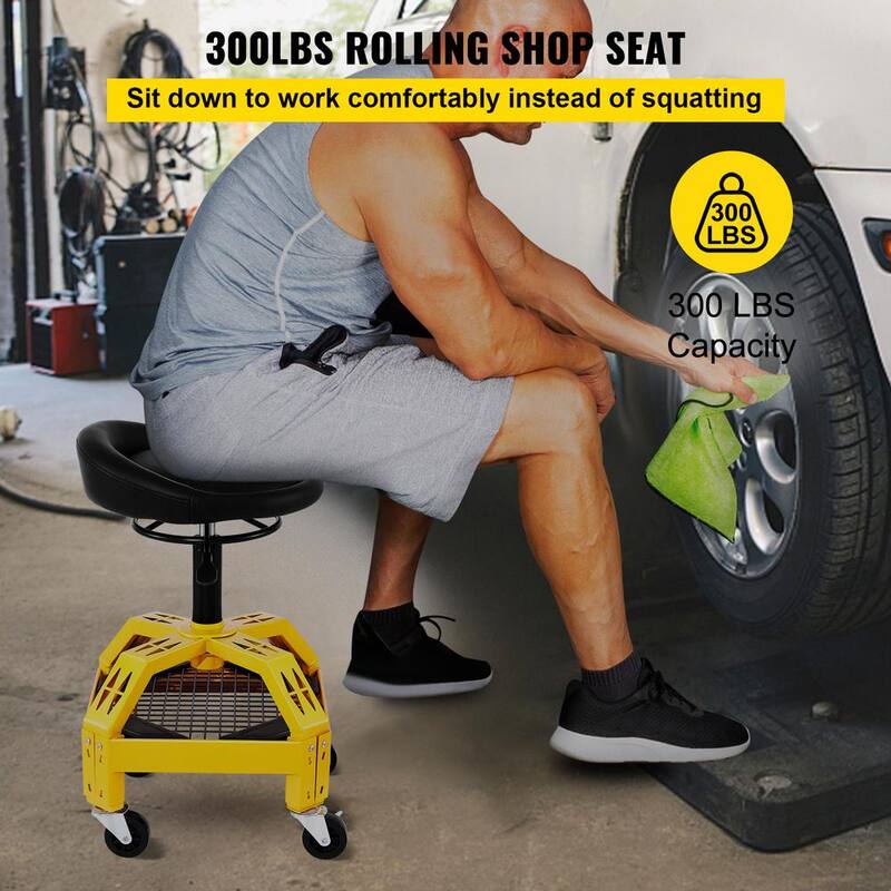 VEVOR Rolling Garage Shop Stool 300 Lbs. Load Mechanic Seat 24 in. to 28.7 in. with 360° Wheel Tool Tray for Workshop, Yellow - HSGLJGCKXCDBDZBARV0