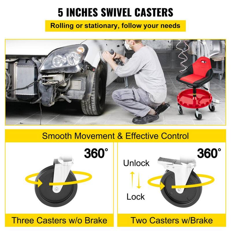 VEVOR Rolling Shop Stool 300 lbs. Load Garage Mechanic Seat Adjustable Height 18 in. to 23 in. with Swivel Casters Tool Tray - HKYSCLWXDC6QRMFLIV0