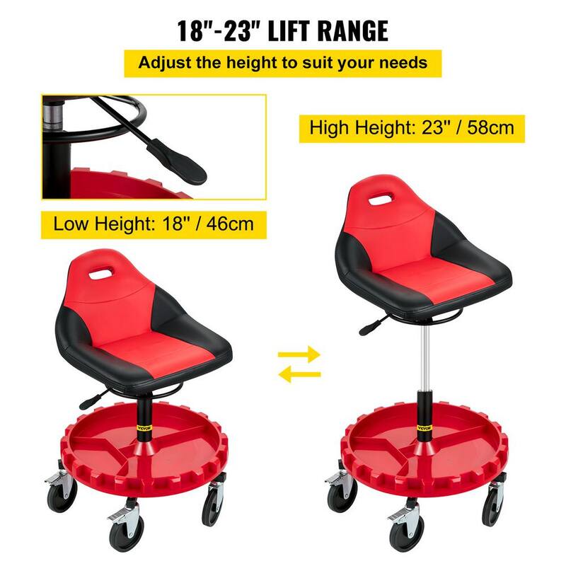VEVOR Rolling Shop Stool 300 lbs. Load Garage Mechanic Seat Adjustable Height 18 in. to 23 in. with Swivel Casters Tool Tray - HKYSCLWXDC6QRMFLIV0