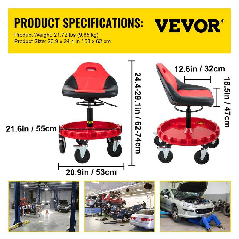 VEVOR Rolling Shop Stool 300 lbs. Load Garage Mechanic Seat Adjustable Height 18 in. to 23 in. with Swivel Casters Tool Tray - HKYSCLWXDC6QRMFLIV0