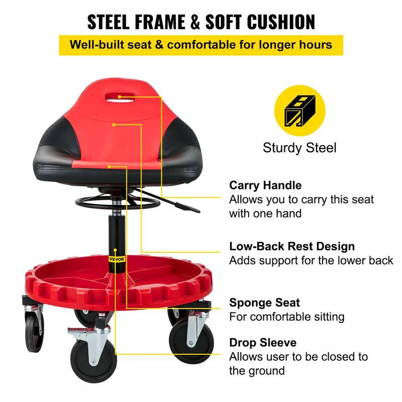 VEVOR Rolling Shop Stool 300 lbs. Load Garage Mechanic Seat Adjustable Height 18 in. to 23 in. with Swivel Casters Tool Tray - HKYSCLWXDC6QRMFLIV0