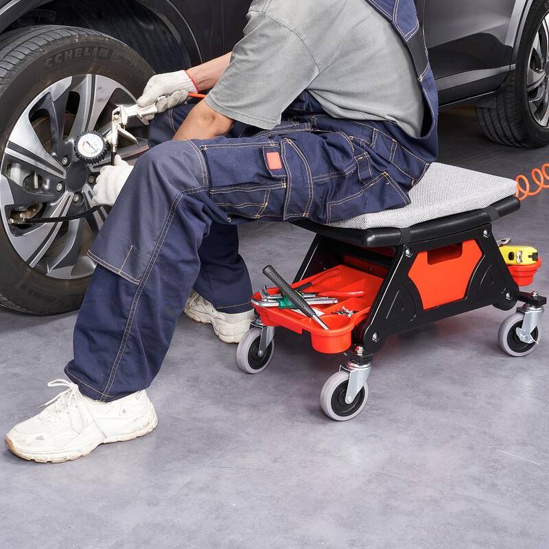 SKYSHALO Mechanics Stool 300 lbs. Capacity Rolling Creeper Seat with 4 in. Wheels with 3 Slide Out Tool Trays and Drawer Roller - DSNHXCD300BYRE1RIV0-0711