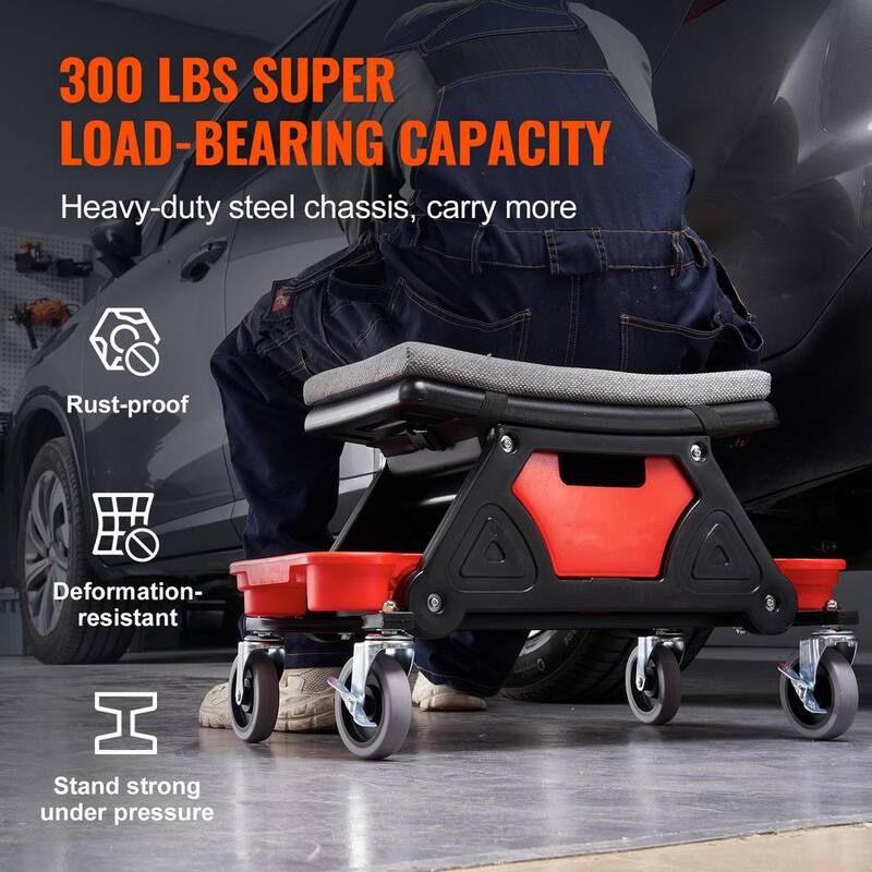 SKYSHALO Mechanics Stool 300 lbs. Capacity Rolling Creeper Seat with 4 in. Wheels with 3 Slide Out Tool Trays and Drawer Roller - DSNHXCD300BYRE1RIV0-0711