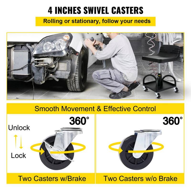 VEVOR Rolling Shop Stool 300 Lbs. Load Mechanic Seat 15.7 to 20.5 in. with 360° Swivel Wheels Tool Tray for Workshop, Black - HSKSJJXGZYBDDF5PZV0