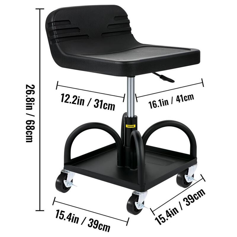 VEVOR Rolling Shop Stool 300 Lbs. Load Mechanic Seat 15.7 to 20.5 in. with 360° Swivel Wheels Tool Tray for Workshop, Black - HSKSJJXGZYBDDF5PZV0